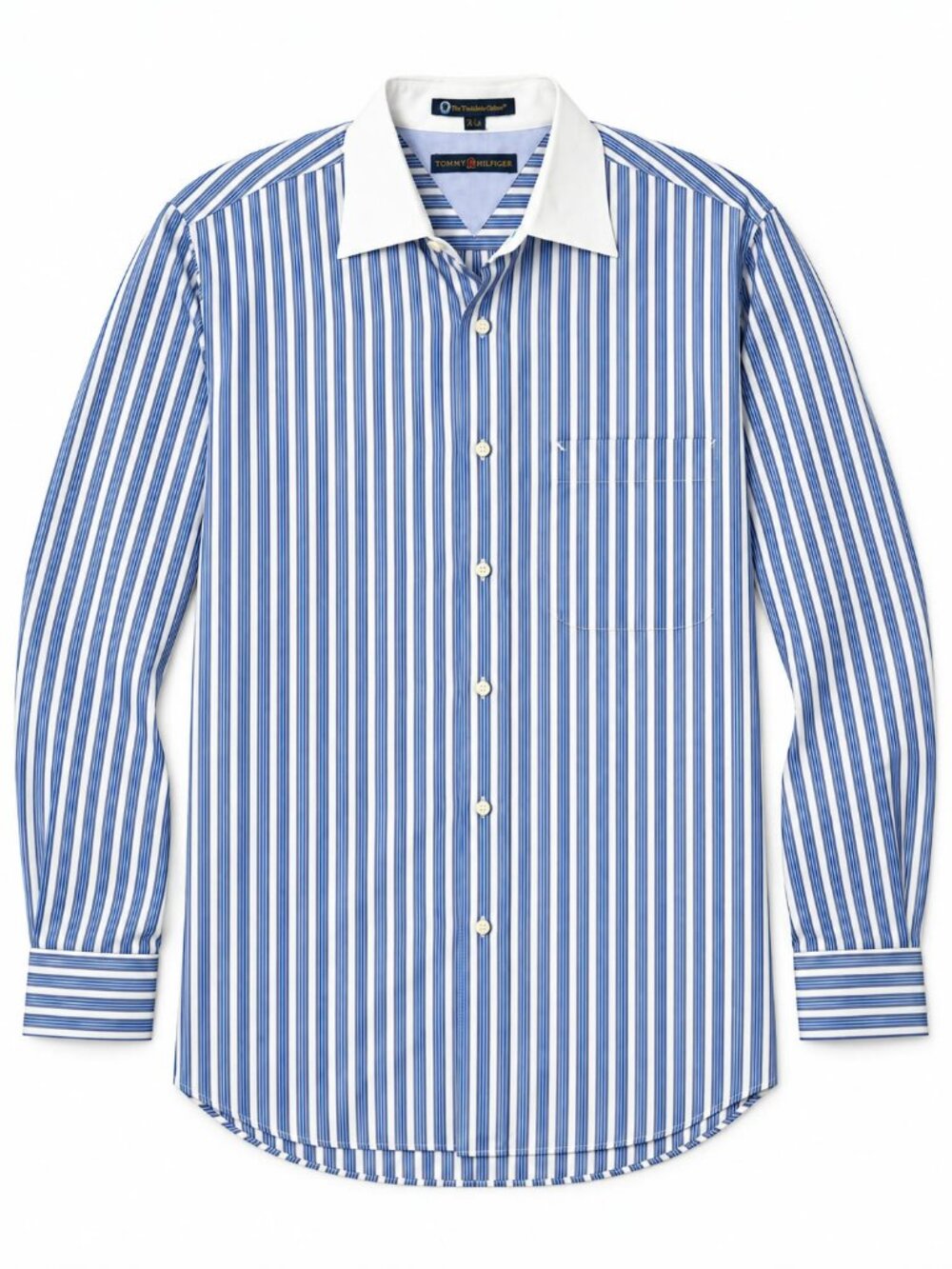 Tommy Hilfiger Men's Striped Dress Shirt Blue White Contrast Collar
